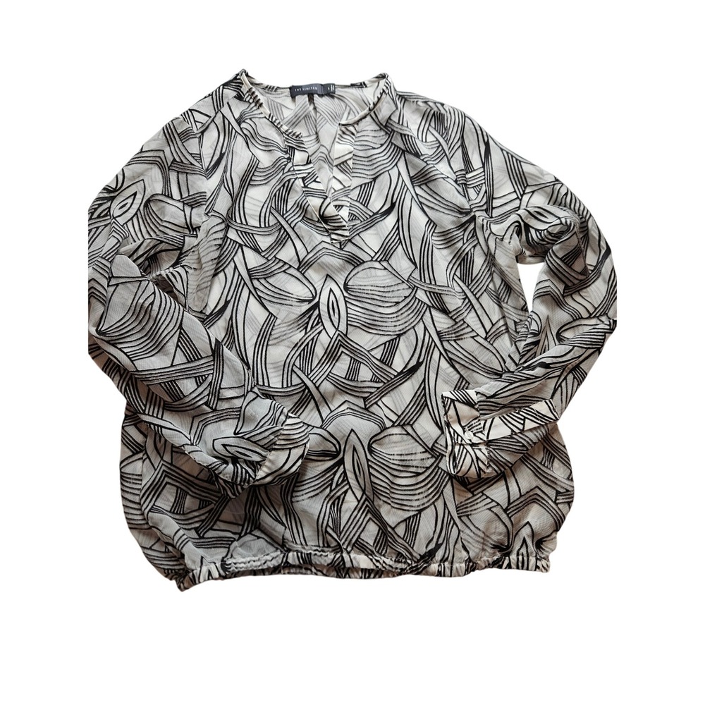 The Limited Blouse Black White Abstract Geometric Split Neck Bubble Hem Large